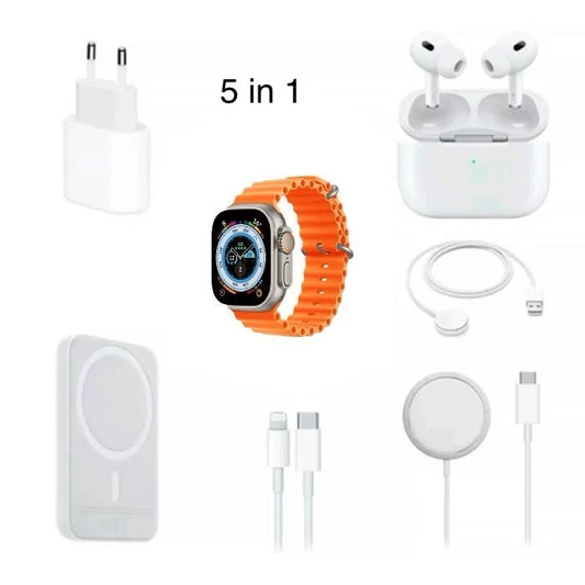 5 in 1 Smartwatch with Power Bank and Wireless Earphone Gift Box